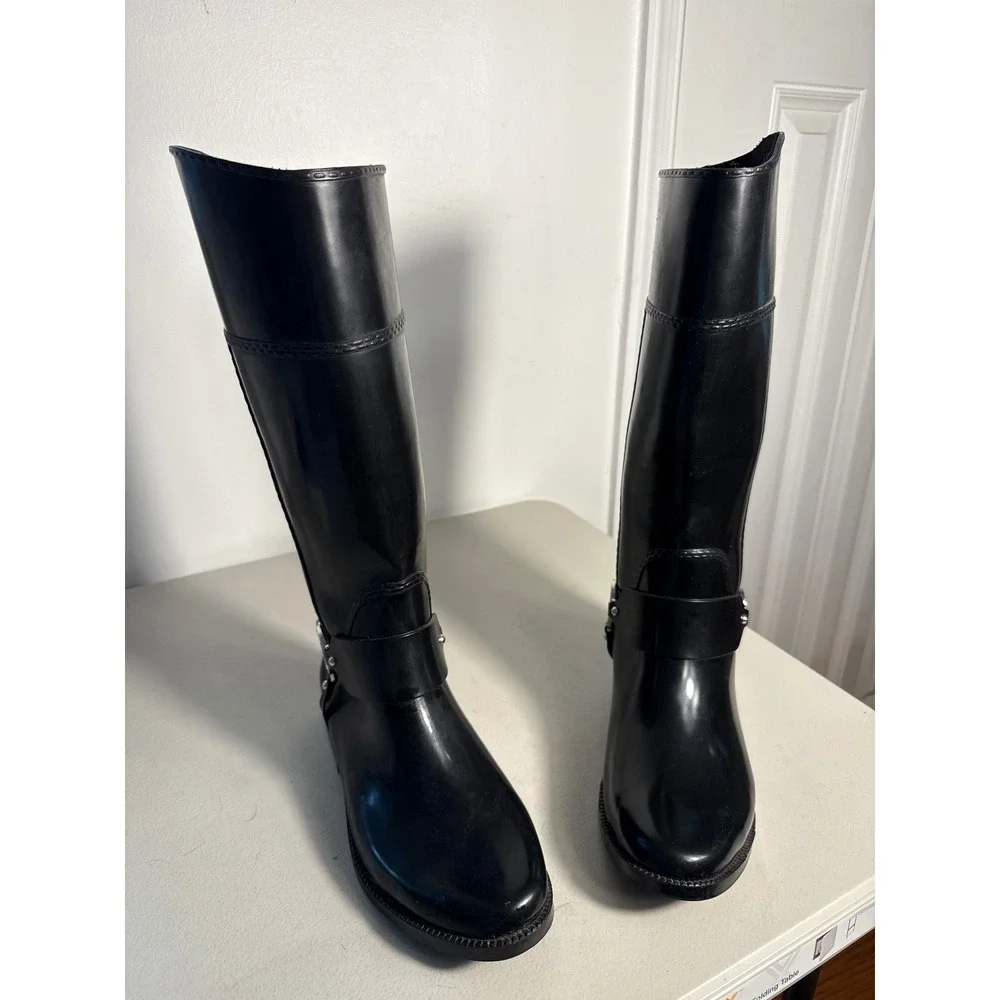 Michael Kors Fulton Harness Rain Boots Black Rubber Tall MK Logo Women 10M